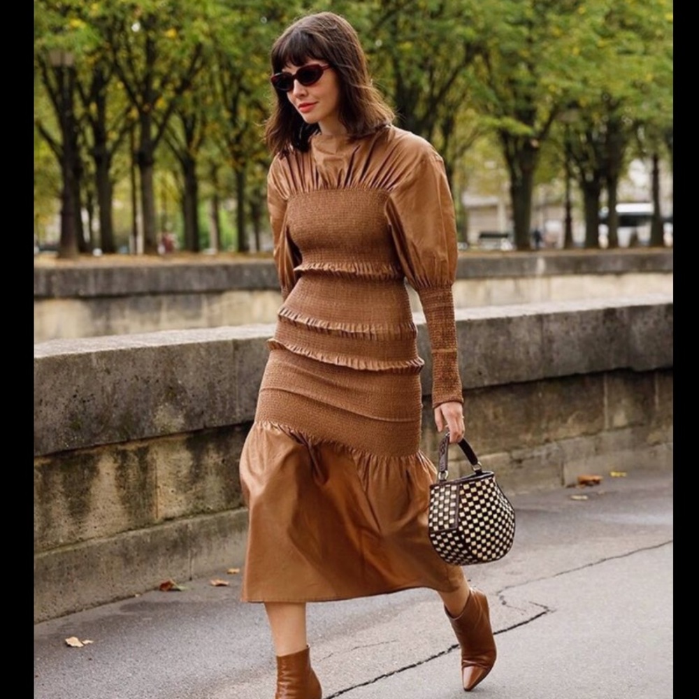 Totême Coripe Smocked Silk Dress Chocolate Brown